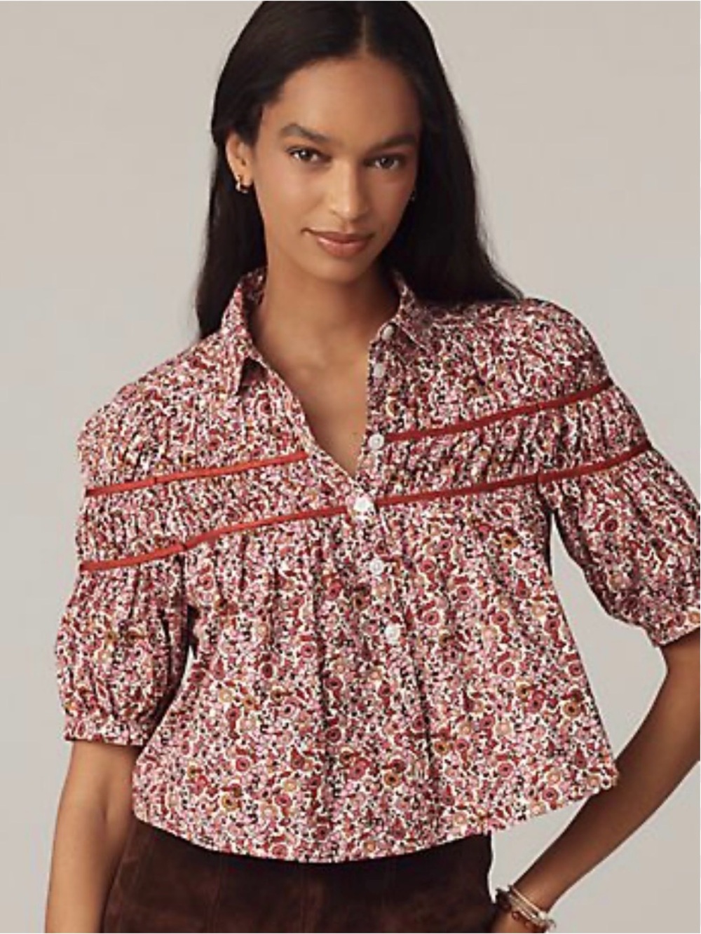 Maeve Rose Pink Floral Button-Down Peasant Blouse Medium NWT